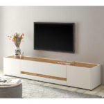 وحدة تلفزيون مودرن بتصميم انسيابي ممتد – أبيض وخشبي | TVU-6761