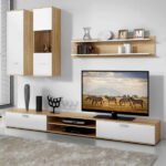 ⁦TVU-6760 | مكتبة حائط متكاملة - أبيض وخشابي⁩ - الصورة ⁦2⁩