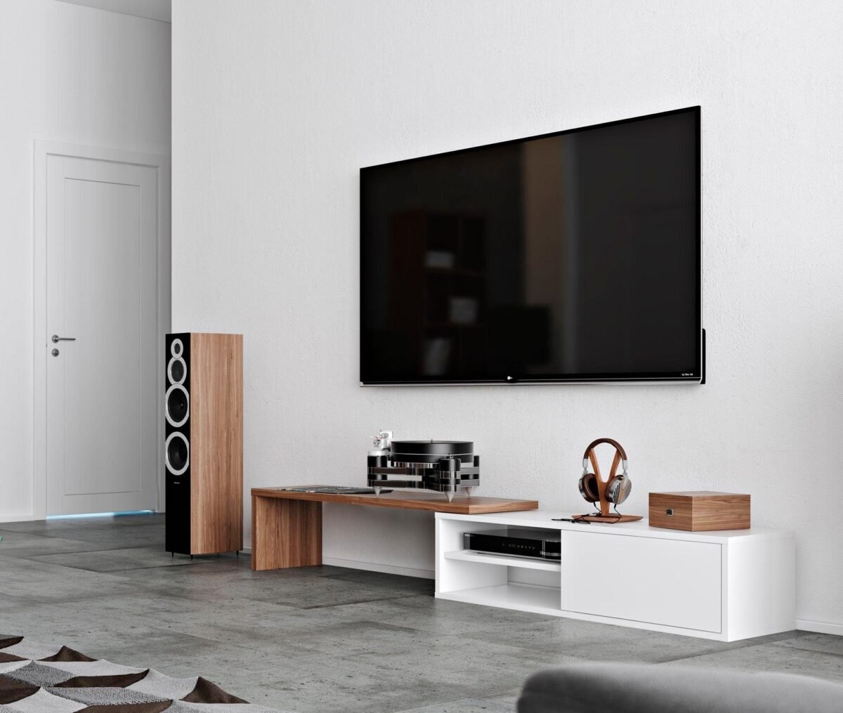 ⁦وحدة تلفزيون مودرن بتصميم انسيابي مرن – أبيض وخشبي | TVU-6778⁩ - الصورة ⁦4⁩