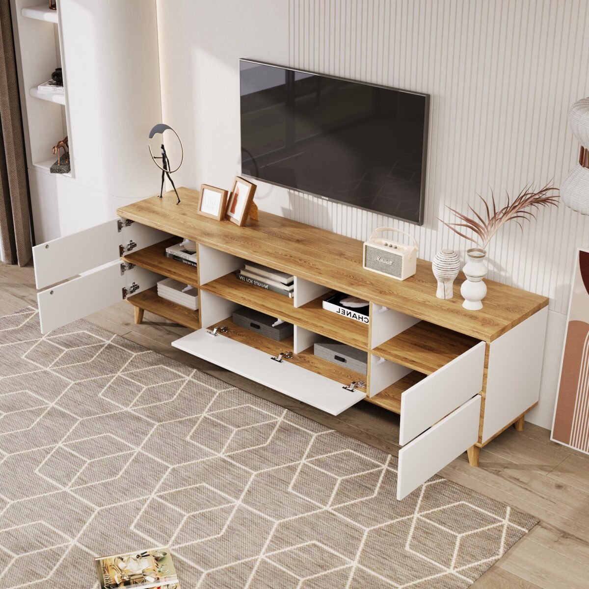 Modern Geometric TV Stand – Wood & White | TVU-6771 - Image 5