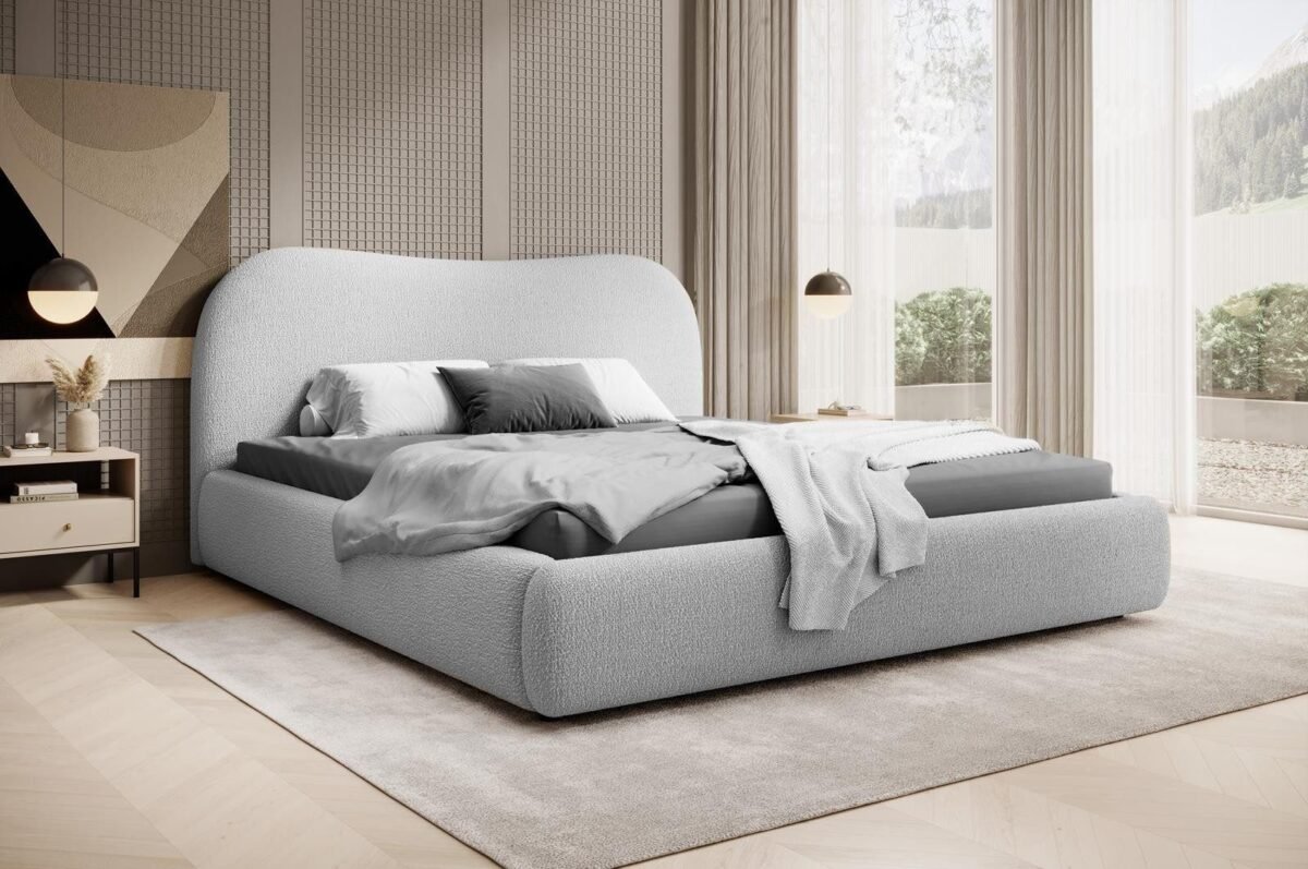 Modern Upholstered Bouclé Bed with Curved Design – Light Grey | BED-2988 - Image 1