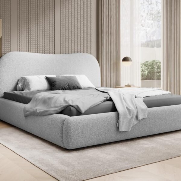 Modern Upholstered Bouclé Bed with Curved Design – Light Grey | BED-2988