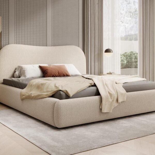 Bouclé" Soft-Curve Upholstered Bed – Cream Beige | BED-2989