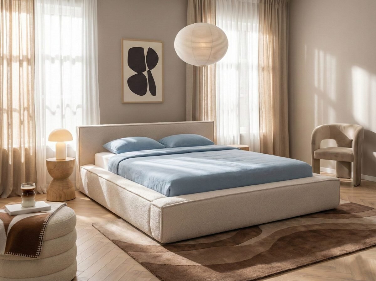 Minimalist "Bouclé" Box-Frame Bed – Light Beige | BED-2991 - Image 1