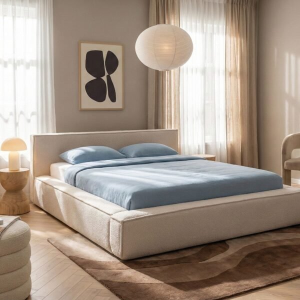 Minimalist "Bouclé" Box-Frame Bed – Light Beige | BED-2991