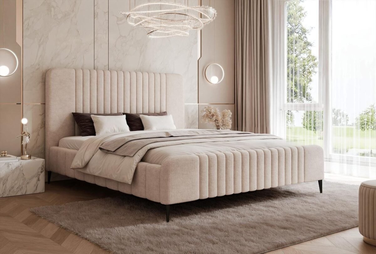 1 "Ribbed Style" Upholstered Bed – Beige | BED-2992 - Image 1