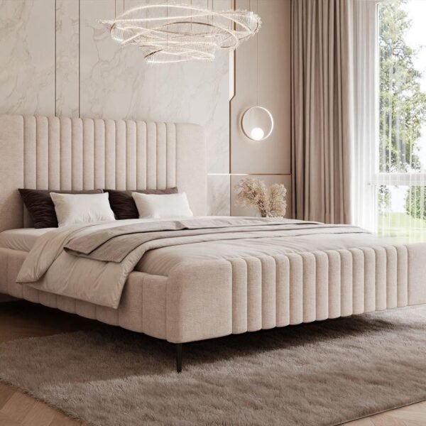 "Ribbed Style" Upholstered Bed –  Beige | BED-2992