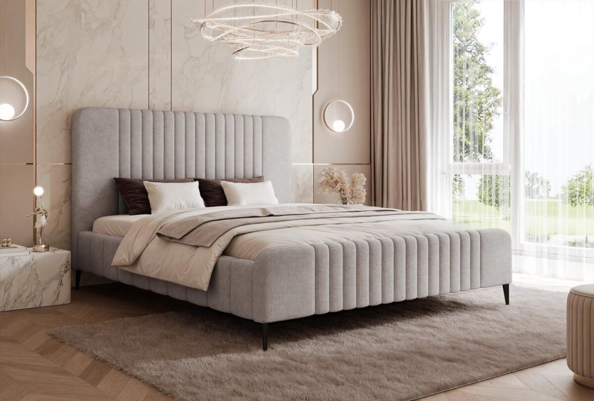 "Ribbed Style" Upholstered Bed – Light Grey | BED-2993 - Image 1