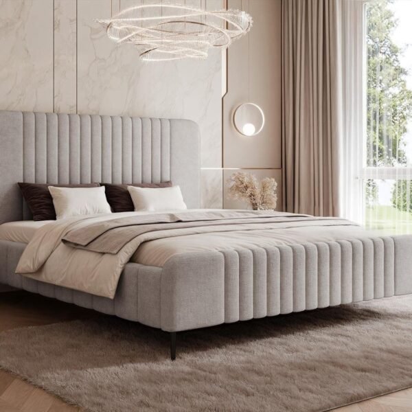 "Ribbed Style" Upholstered Bed – Light Grey | BED-2993