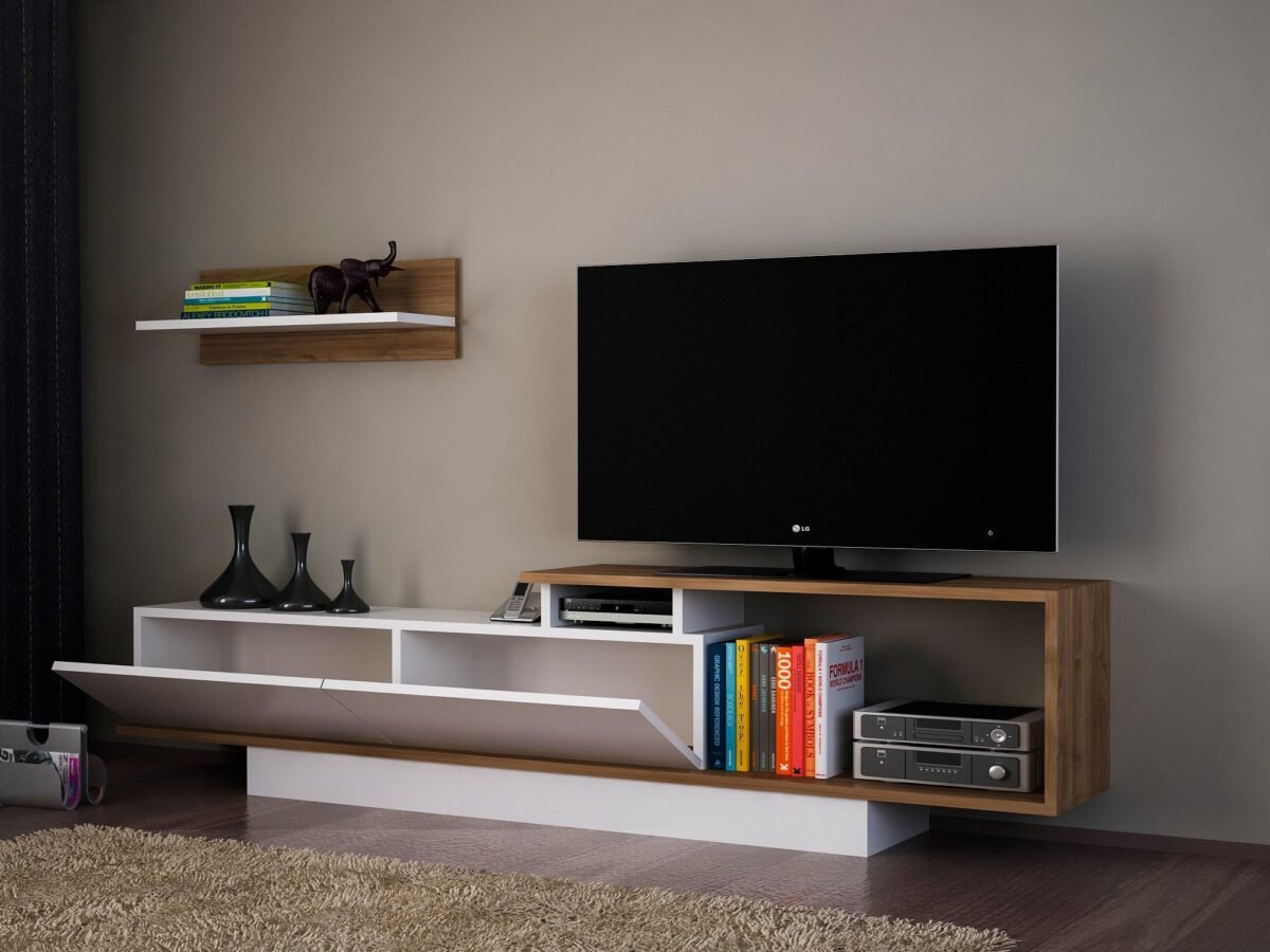 Modern TV Unit with Wall Shelf – White & Wood | TVU-6759 - Image 3