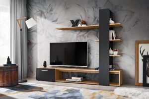 مكتبة تلفزيون مودرن بتصميم عمودي – رمادي غامق وخشبي دافئ | TVU-6782