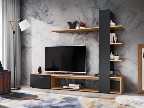 مكتبة تلفزيون مودرن بتصميم عمودي – رمادي غامق وخشبي دافئ | TVU-6782