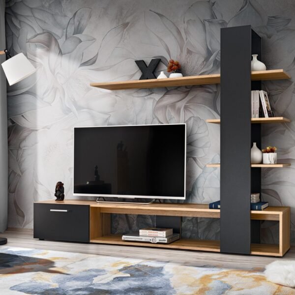 مكتبة تلفزيون مودرن بتصميم عمودي – رمادي غامق وخشبي دافئ | TVU-6782