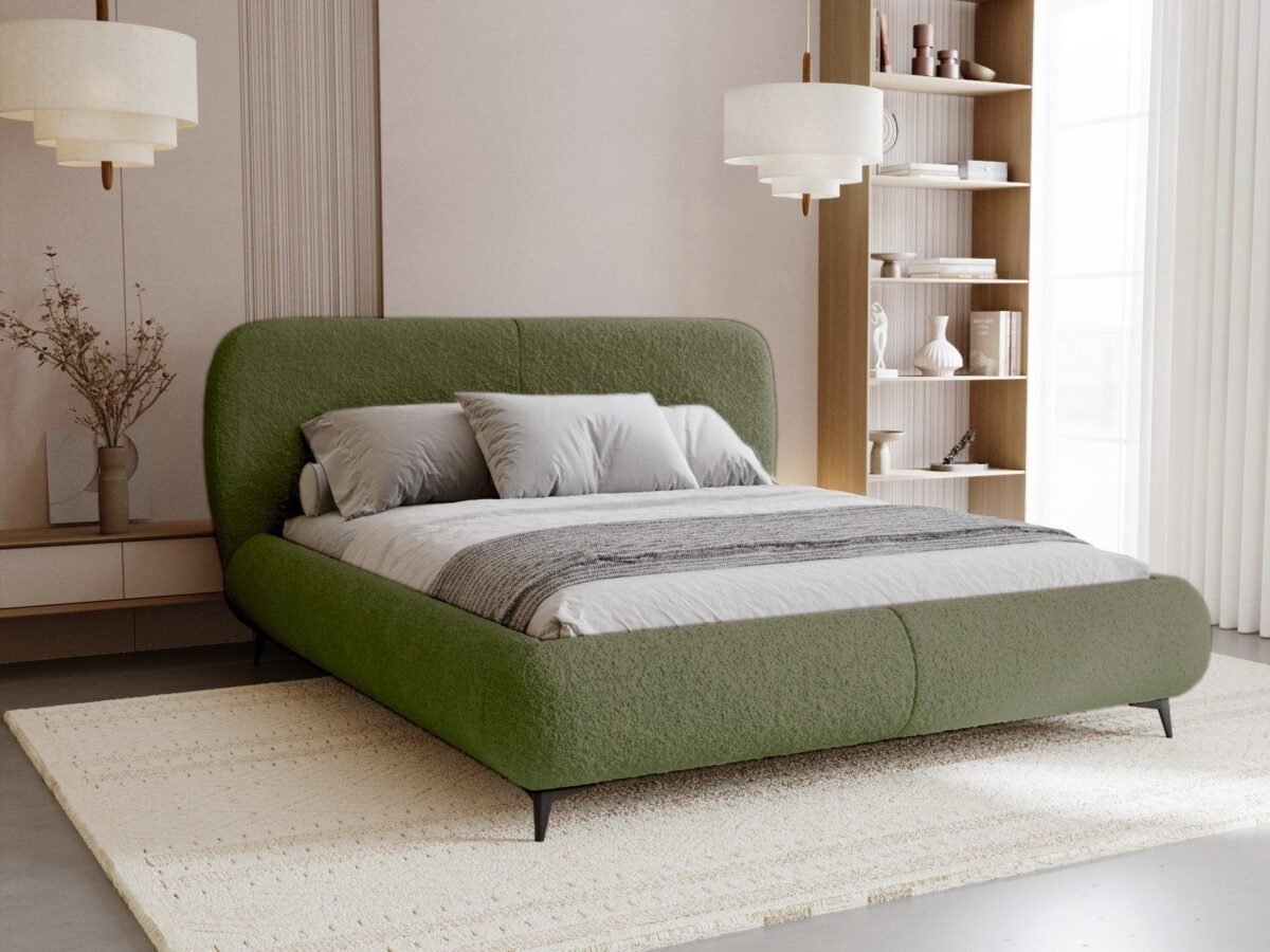 Modern Vertical Panel Bouclé Bed – Olive Green | BED-2987 - Image 1