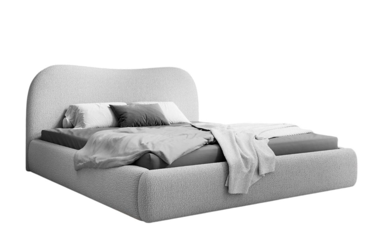 Modern Upholstered Bouclé Bed with Curved Design – Light Grey | BED-2988 - Image 2