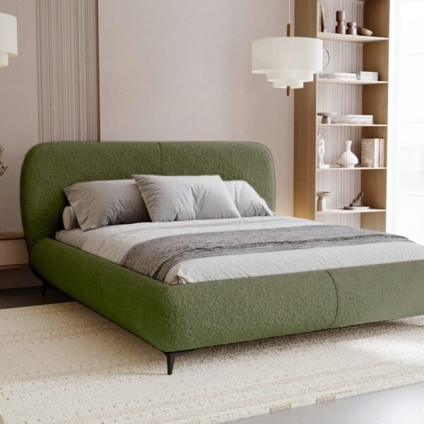 Modern Vertical Panel Bouclé Bed – Olive Green | BED-2987