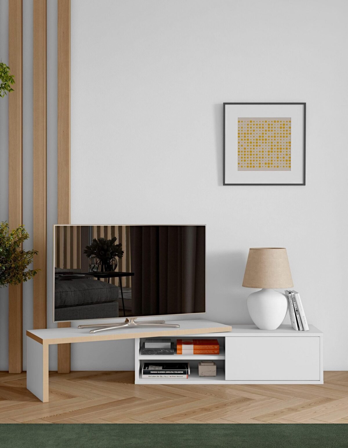 Modern Flexible TV Unit – Bright White with Wood Accents | TVU-6780 - Image 2