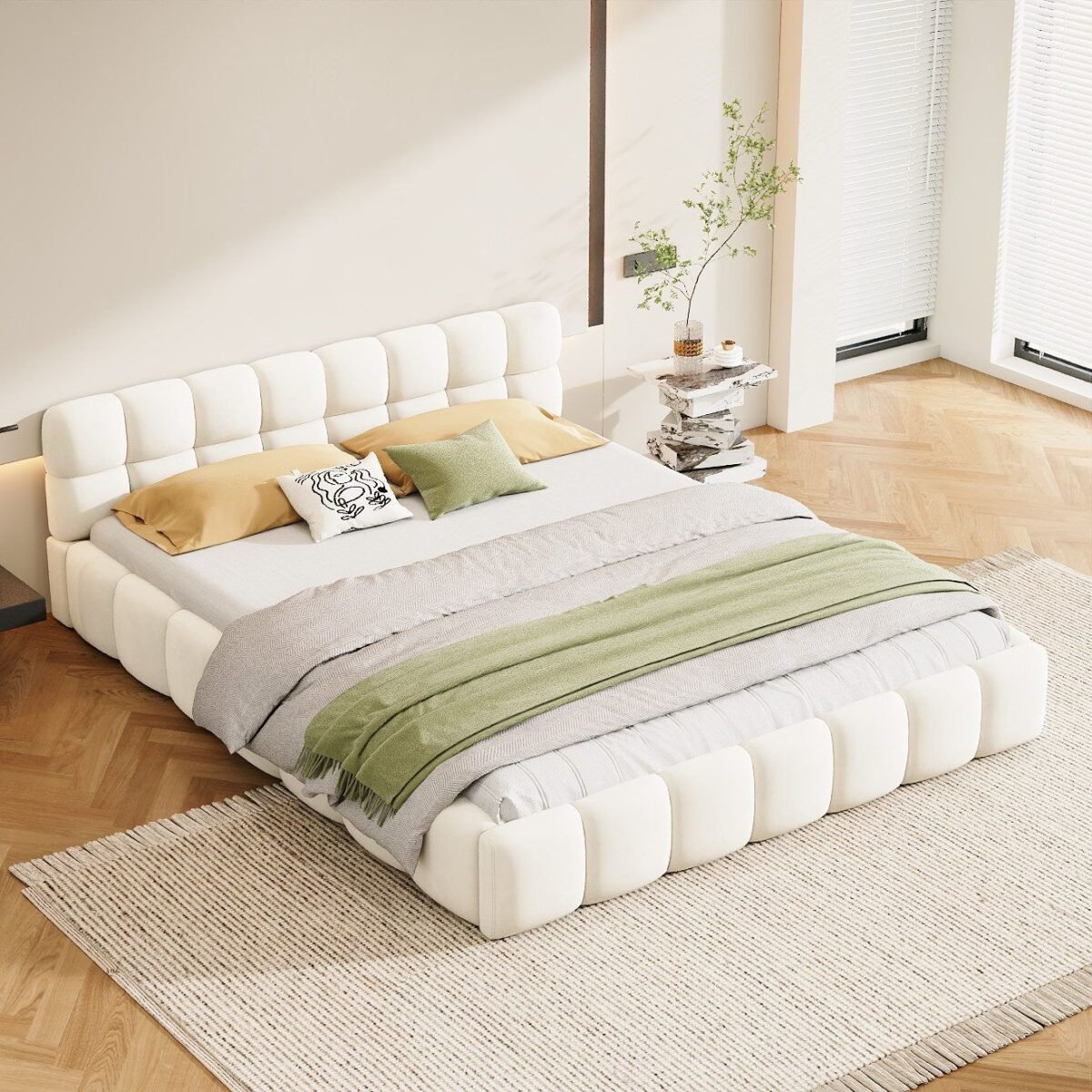 3b453bb6-af1d-466f-bd52-173f3039107c سرير مبطن بتصميم مكعبات "باف" – أبيض كريمي | BED-2985 - الصورة 1