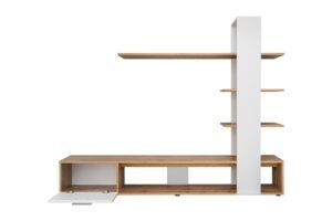 ⁦مكتبة تلفزيون مودرن بتصميم عمودي وأرفف عرض – خشبي ورمادي | TVU-6766⁩ - الصورة ⁦2⁩