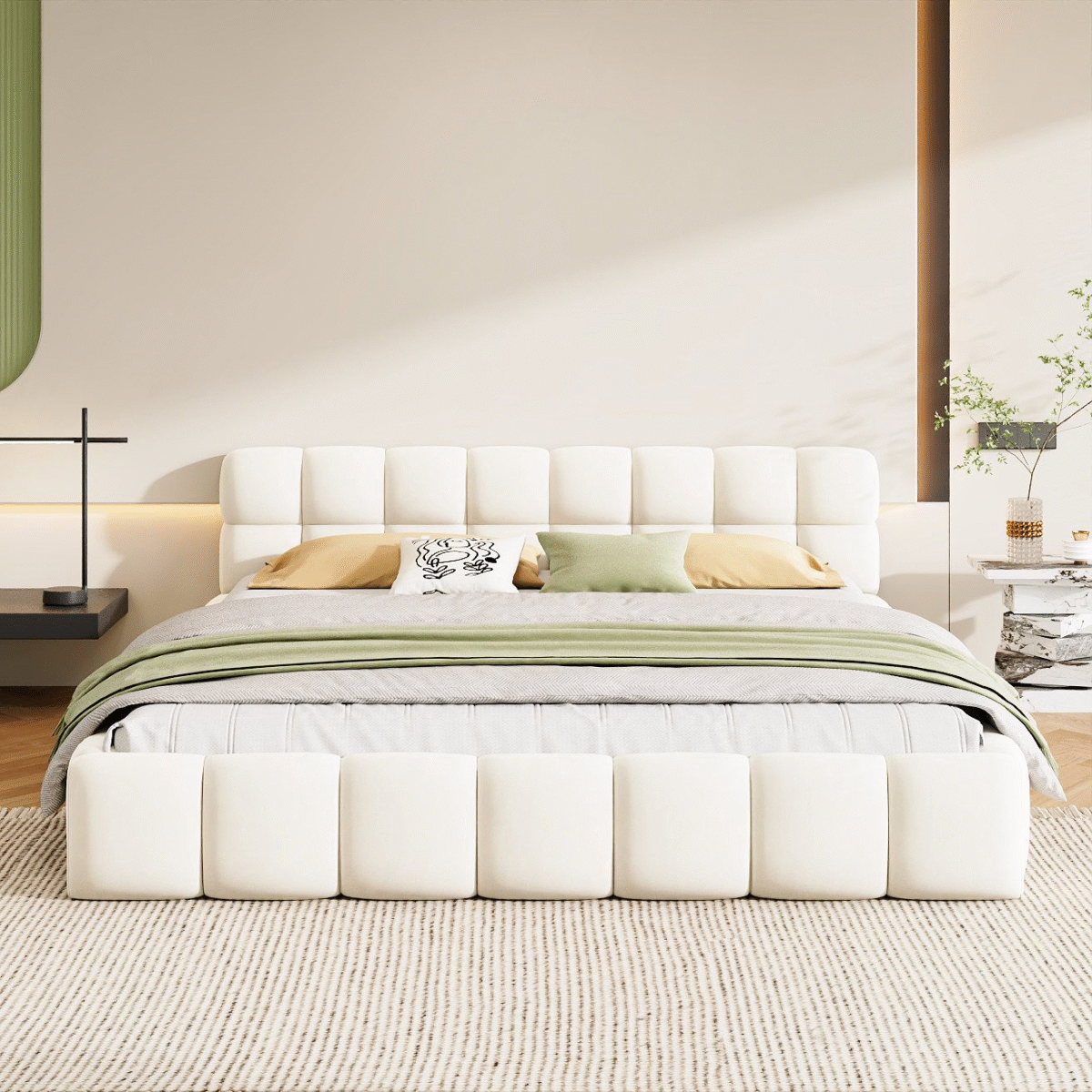 ⁦سرير مبطن بتصميم مكعبات "باف" – أبيض كريمي | BED-2985⁩ - الصورة ⁦3⁩