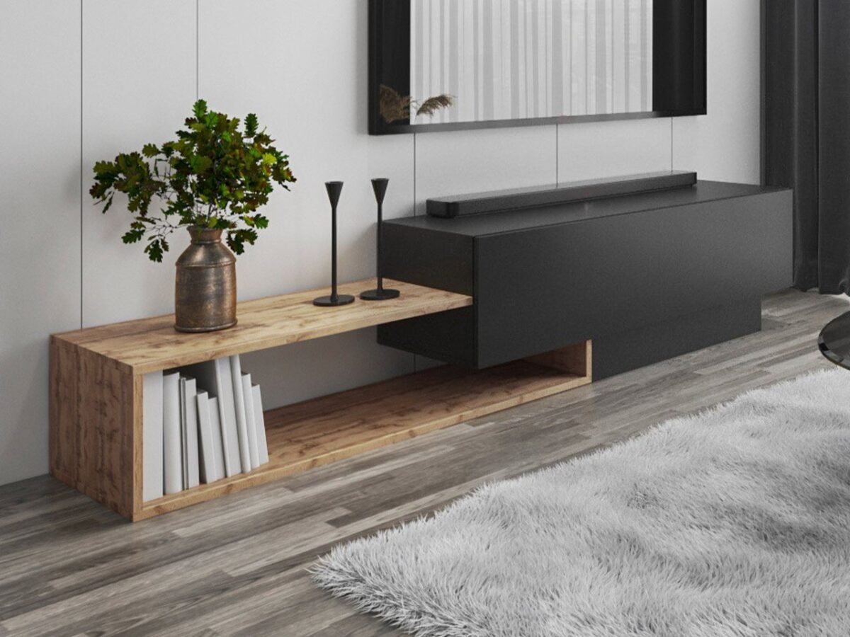Modern Versatile TV Unit – Matte Black & Wood | TVU-6756 - Image 4