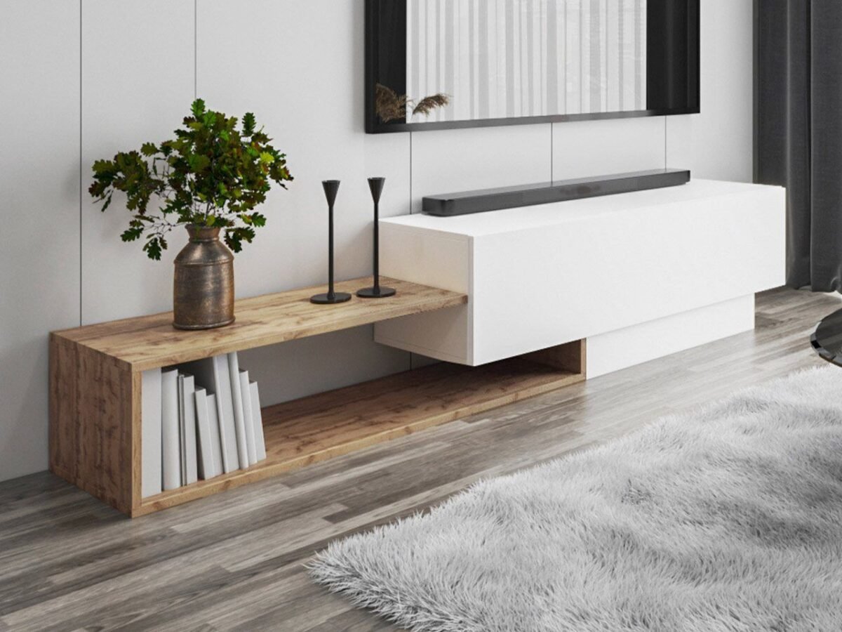 ⁦وحدة تلفزيون مودرن – (أبيض وخشبي) | TVU-6755⁩ - الصورة ⁦4⁩