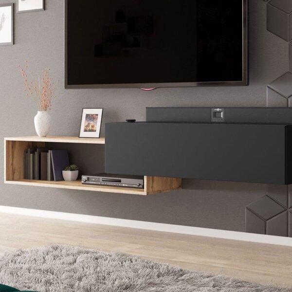 وحدة تلفزيون مودرن – تصميم معلق يجمع الأسود والخشبي | TVU-6756