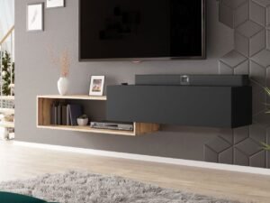 ⁦وحدة تلفزيون مودرن – تصميم معلق يجمع الأسود والخشبي | TVU-6756⁩ - الصورة ⁦5⁩