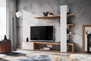 مكتبة تلفزيون مودرن بتصميم عمودي وأرفف عرض – خشبي ورمادي | TVU-6766