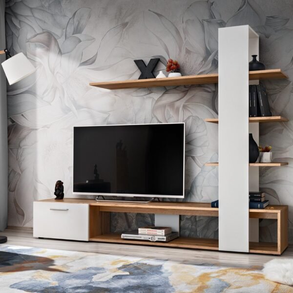 مكتبة تلفزيون مودرن بتصميم عمودي وأرفف عرض – خشبي ورمادي | TVU-6766