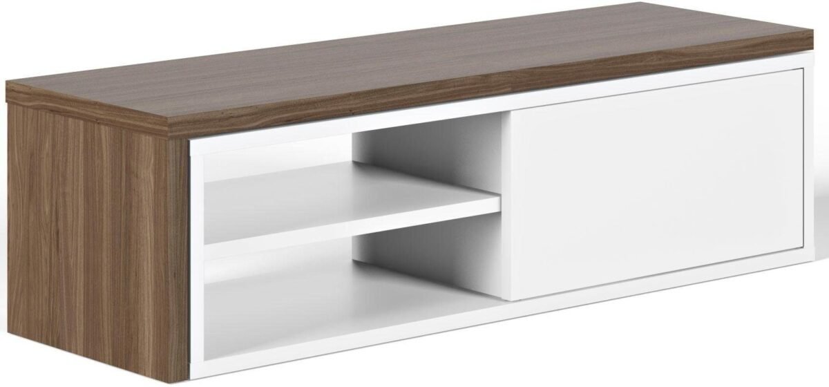 ⁦وحدة تلفزيون مودرن بتصميم انسيابي مرن – أبيض وخشبي | TVU-6778⁩ - الصورة ⁦2⁩