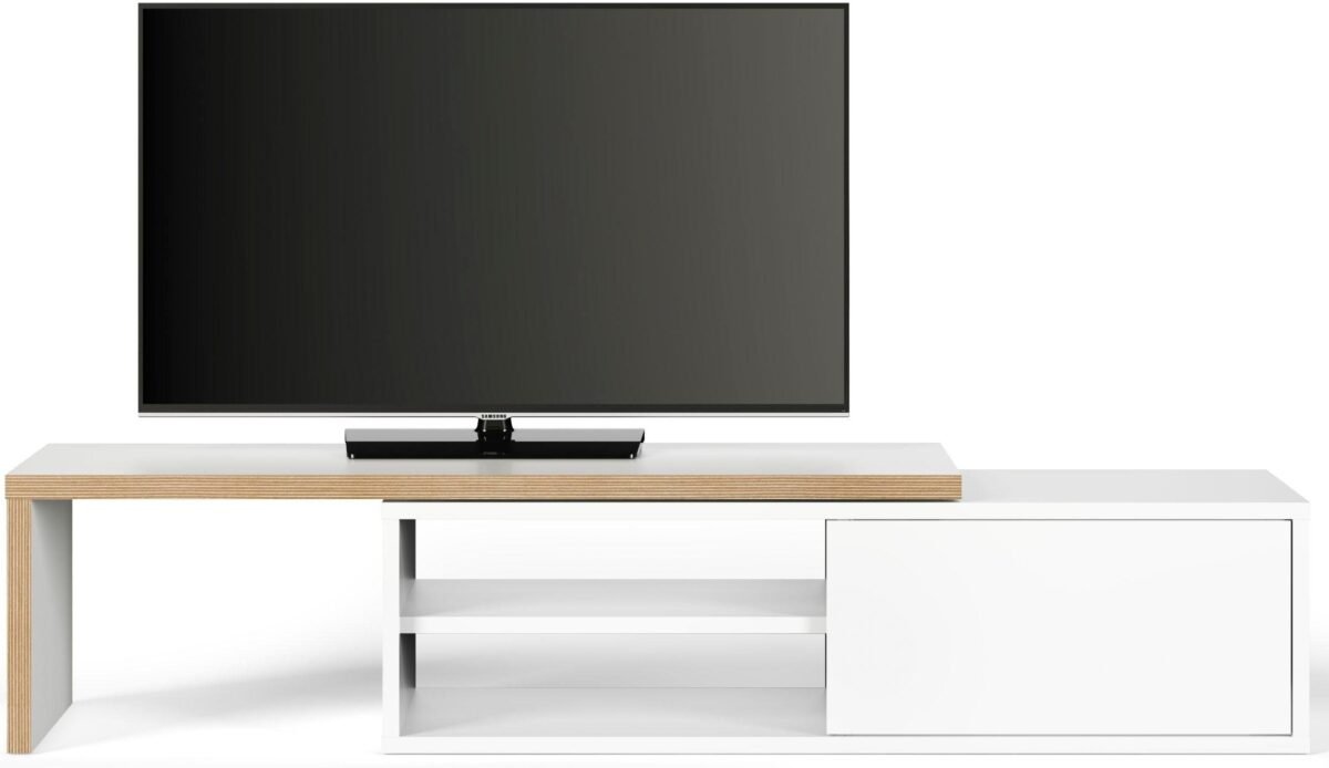 ⁦وحدة تلفزيون مودرن مرنة – أبيض ناصع بلمسات خشبية | TVU-6780⁩ - الصورة ⁦1⁩