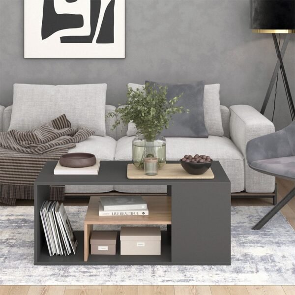 ترابيزة قهوة CFT-2924 – رمادي عصري مع لمسات خشبية