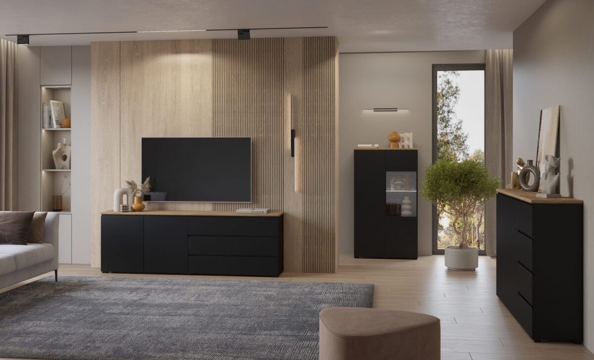 ⁦وحدة تلفزيون TVU-67868 – أسود + بيج خشبي⁩ - الصورة ⁦2⁩