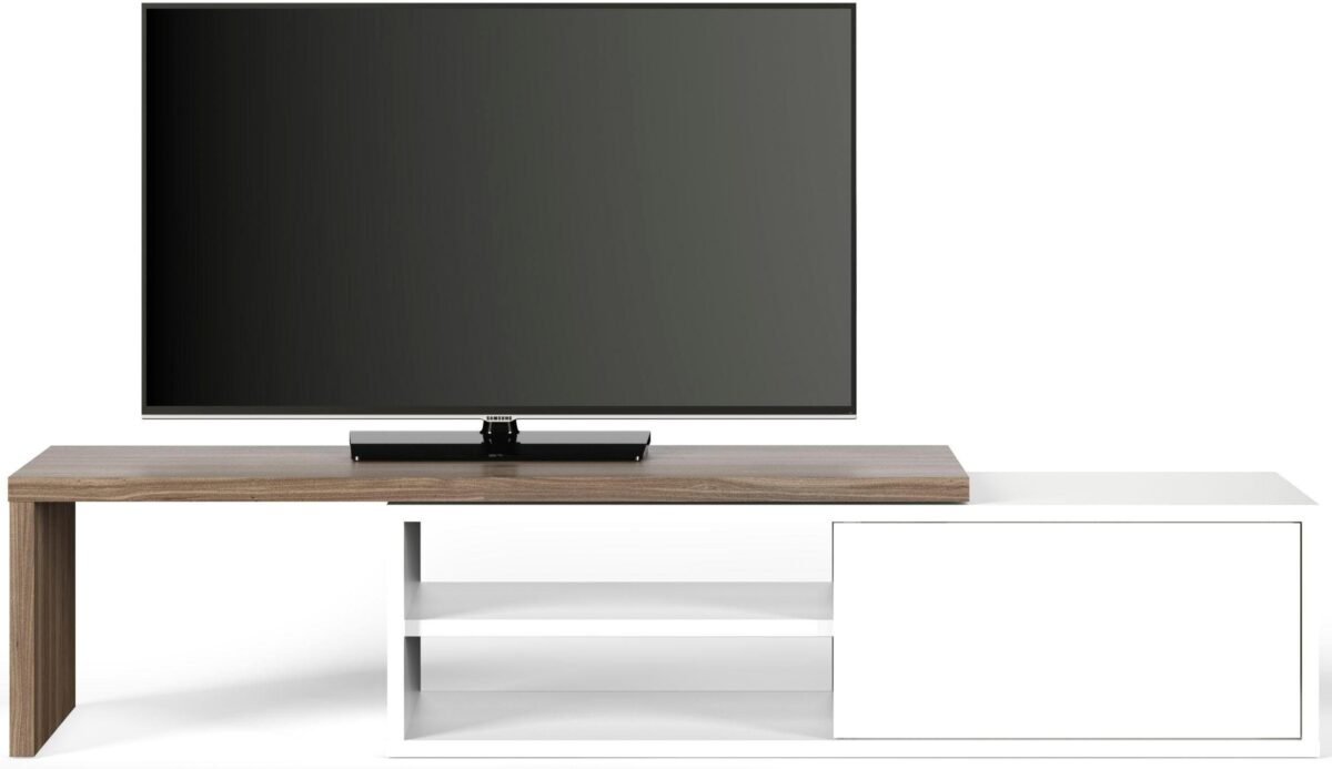 ⁦وحدة تلفزيون مودرن بتصميم انسيابي مرن – أبيض وخشبي | TVU-6778⁩ - الصورة ⁦1⁩