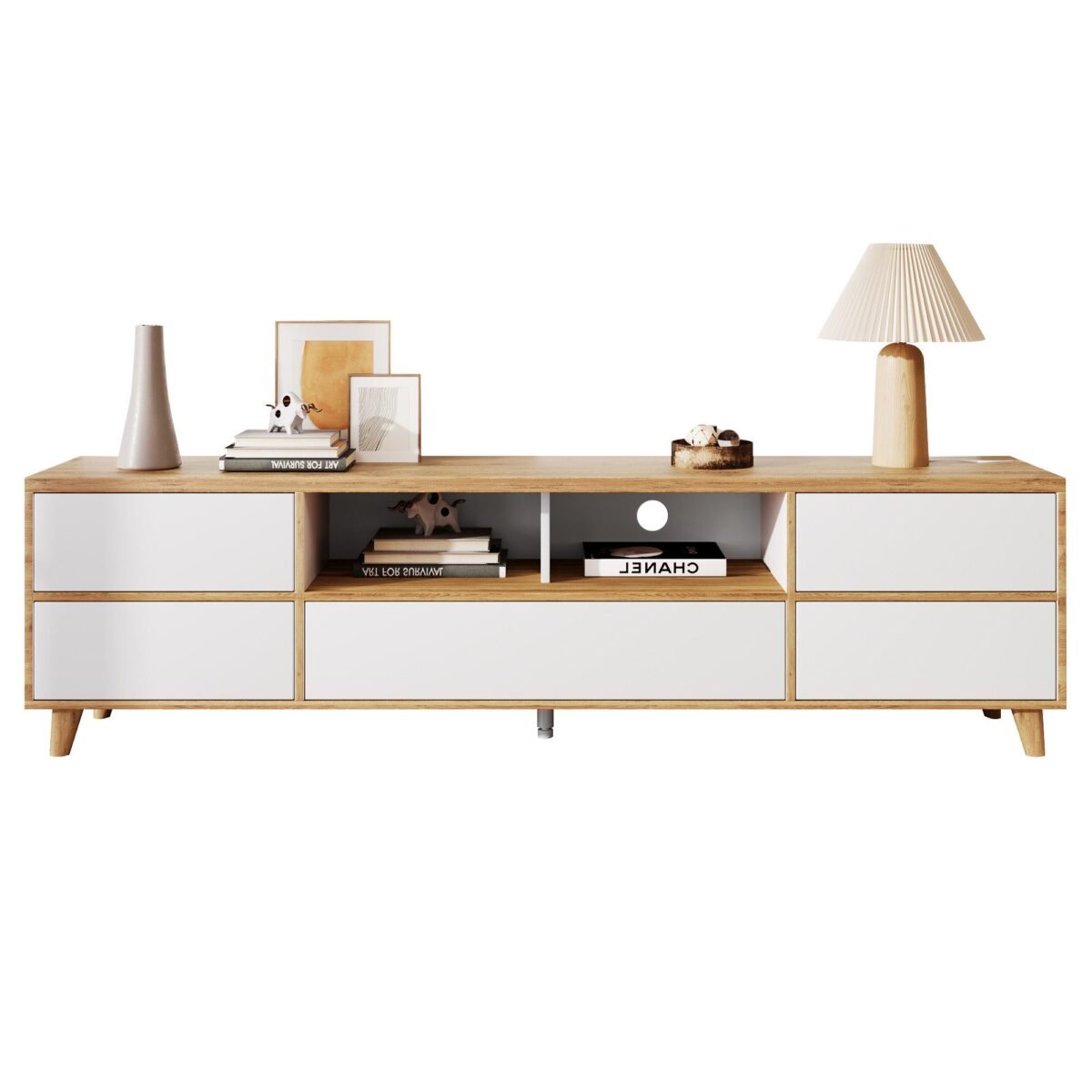 Modern Geometric TV Stand – Wood & White | TVU-6771 - Image 2
