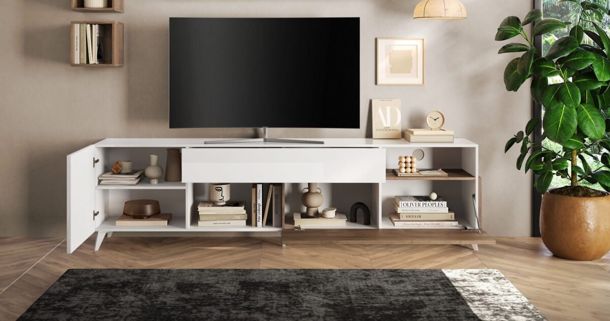 ⁦TVU-6775 | وحدة تلفزيون - أبيض وخشابي⁩ - الصورة ⁦3⁩