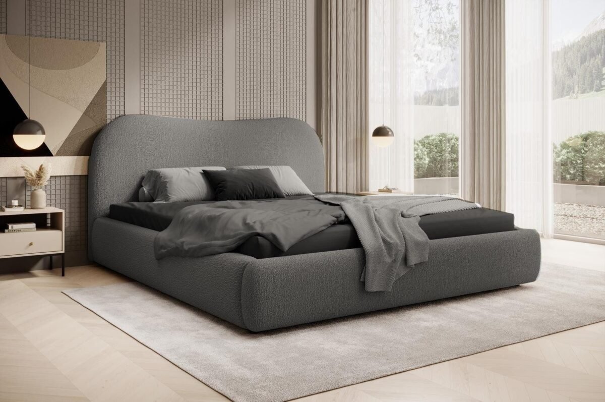 c48ffe36-5367-40fb-a476-21fb2912bc84 "Bouclé" Soft-Curve Upholstered Bed – Dark Grey | BED-2990 - Image 1