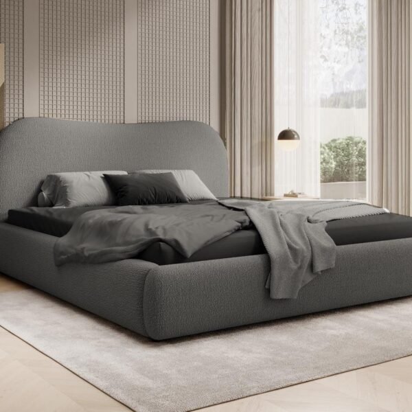 "Bouclé" Soft-Curve Upholstered Bed – Dark Grey | BED-2990