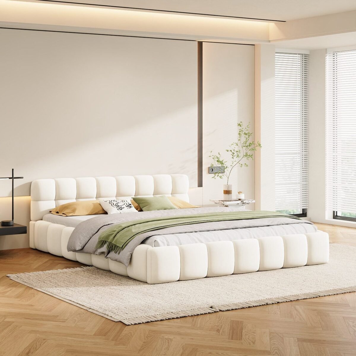 ⁦سرير مبطن بتصميم مكعبات "باف" – أبيض كريمي | BED-2985⁩ - الصورة ⁦2⁩