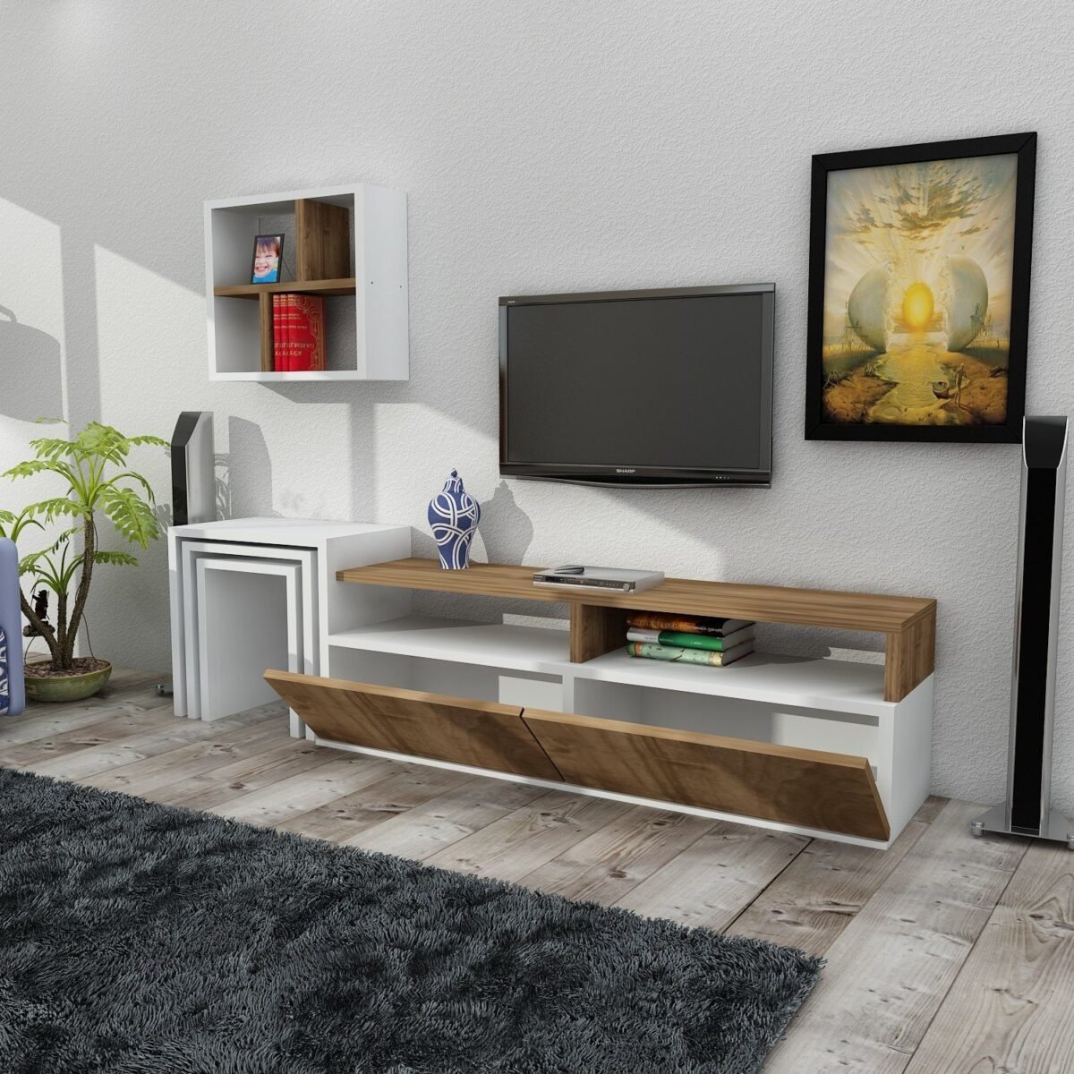 Modern TV Unit in Bright White & Warm Wood | TVU-6767 - Image 4