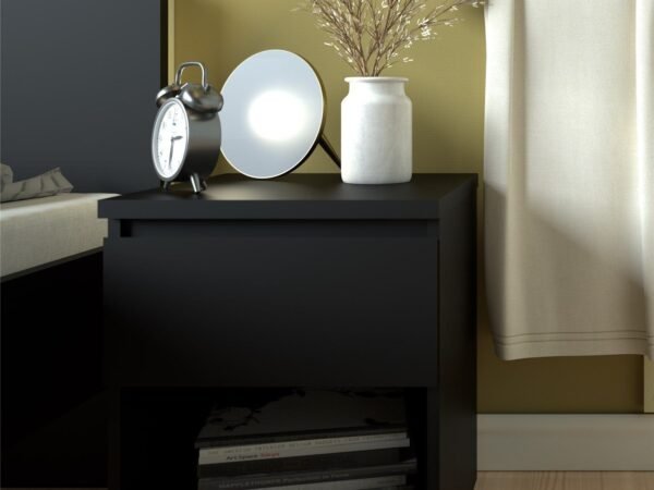 Black Nightstand with Drawer & Open Shelf