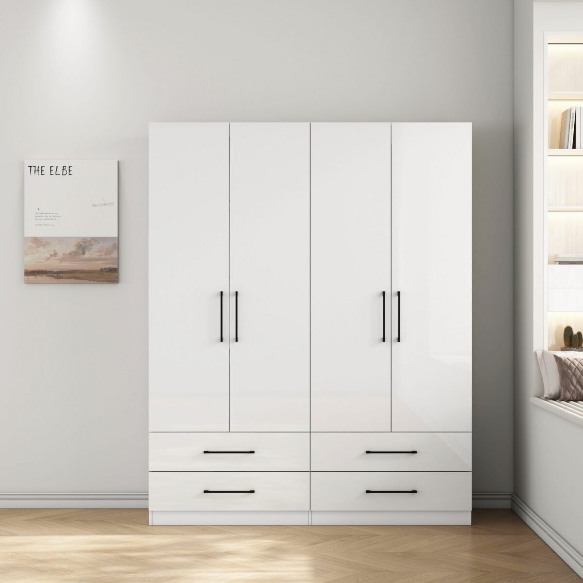 White Wardrobe 200×200 cm – 4 Doors with 4 Drawers - Image 1