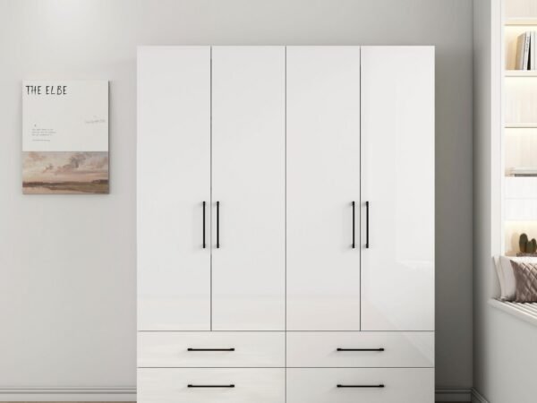 White Wardrobe 200×200 cm – 4 Doors with 4 Drawers