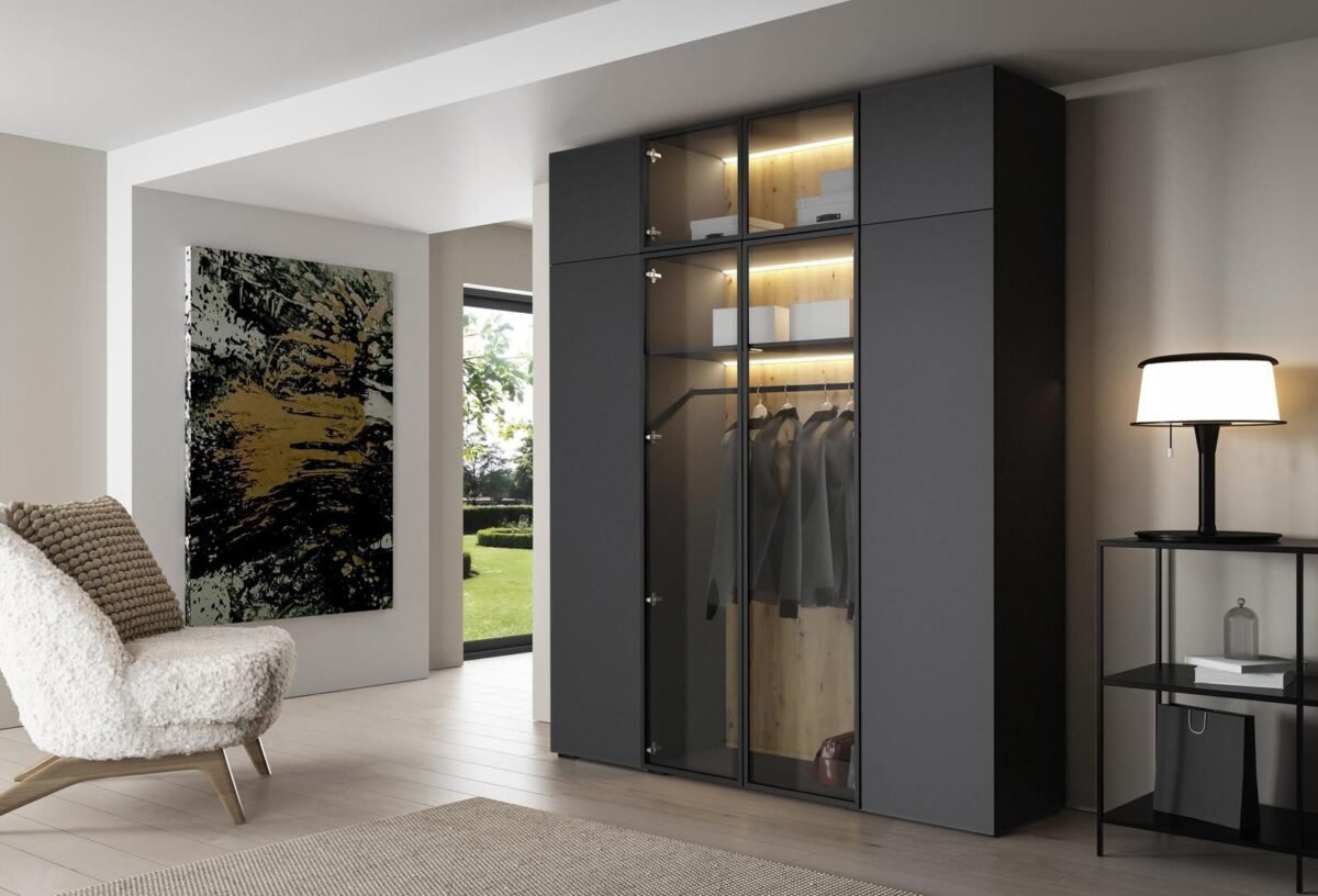 Luxury Wardrobe 230×200 cm – Black with Glass Front & Interior Lighting - Image 1
