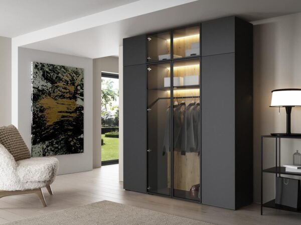 Luxury Wardrobe 230×200 cm – Black with Glass Front & Interior Lighting