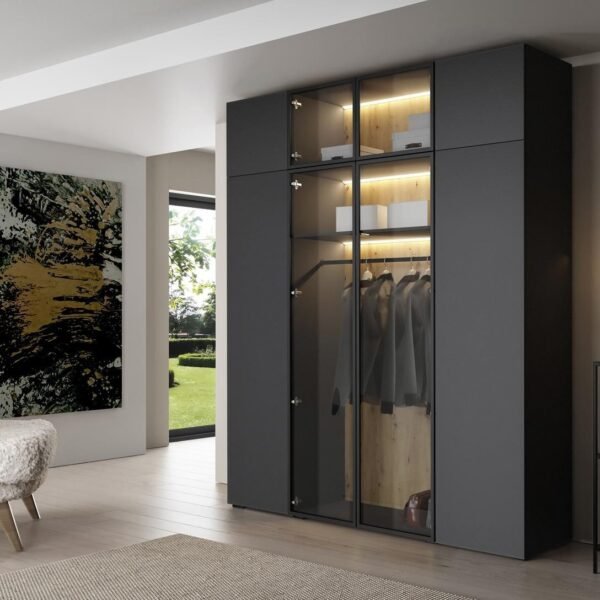 Luxury Wardrobe 230×200 cm – Black with Glass Front & Interior Lighting