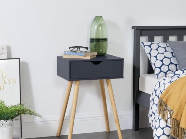 1 Drawer Nightstand – Dark Grey with Wooden Legs