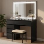 تسريحة 150×120 سم سوداء بمرآة مضيئة