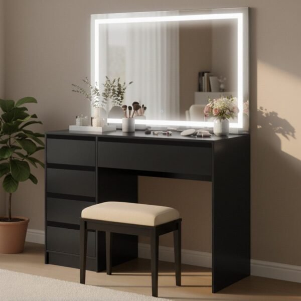 Dressing Table 150×120 cm – Black with LED Mirror